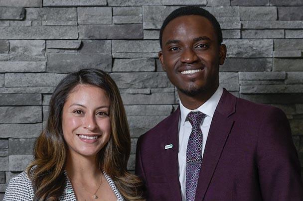 Information portrait of Iowa State graduate students Oluwatuyi Olowoyeye and Erika Ibarra-Garibay.